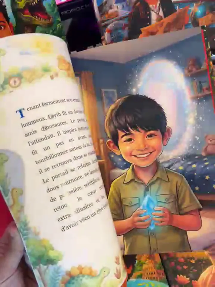Inside page: Layth holding a glowing crystal in front of a portal in his bedroom
