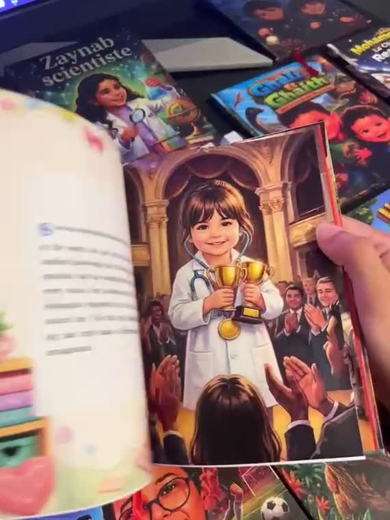كتاب مخصّص مفتوح: طبيبة صغيرة تتسلّم كأسًا، محاطة بكتب أخرى