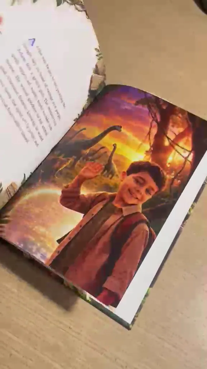 Page intérieure : Adam salue des dinosaures au coucher du soleil