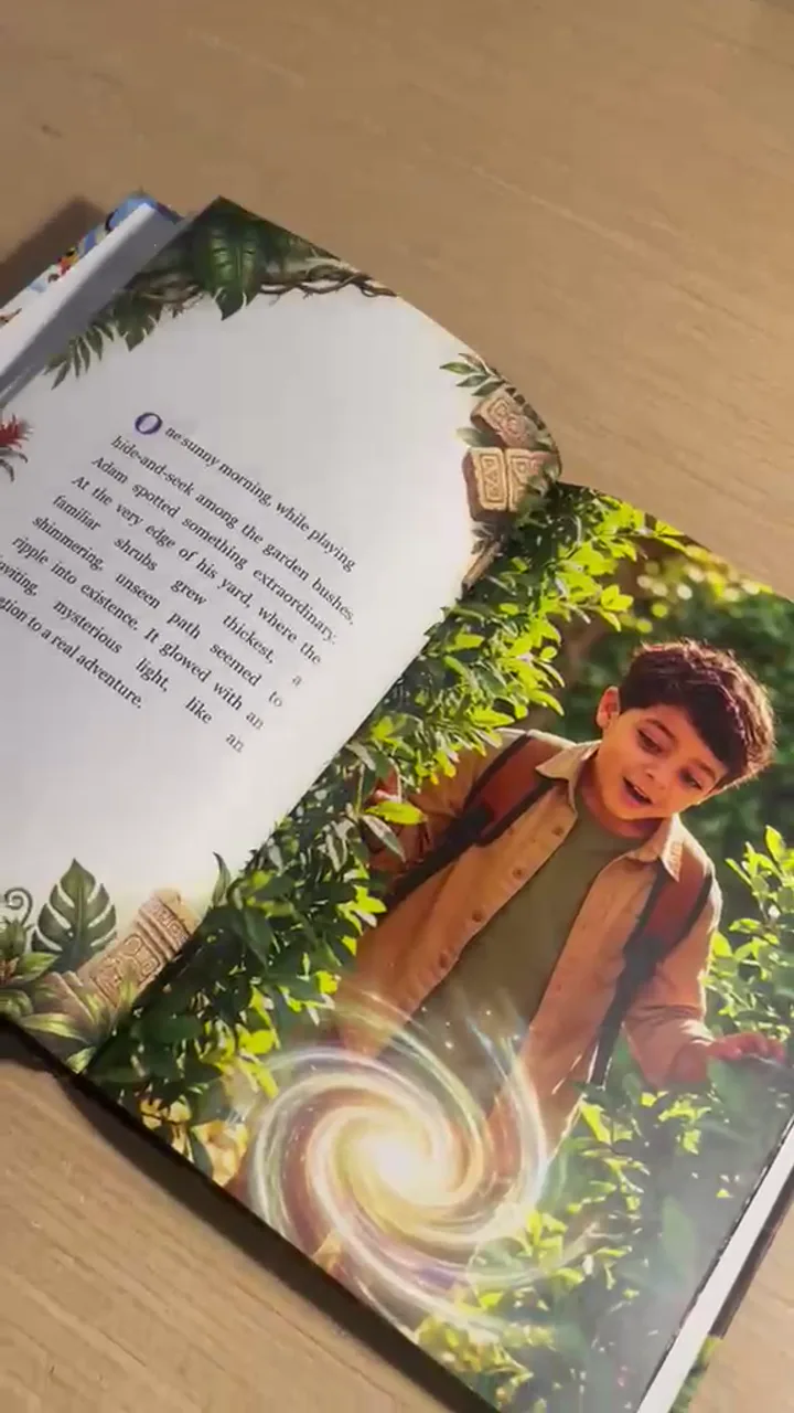 Page intérieure : Adam découvre une lumière en spirale dans les buissons du jardin