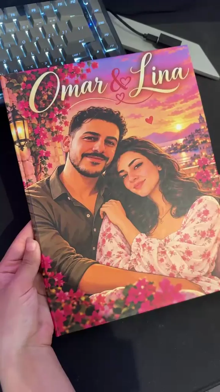 Couverture « Omar & Lina » : un couple enlacé devant un coucher de soleil sur la mer
